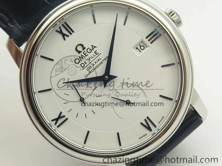 0514 Fashionable De Ville Prestige Real Power Reserve SS TW 1:1 Best Edition White Dial Blue Markers On Leather Strap A 8094